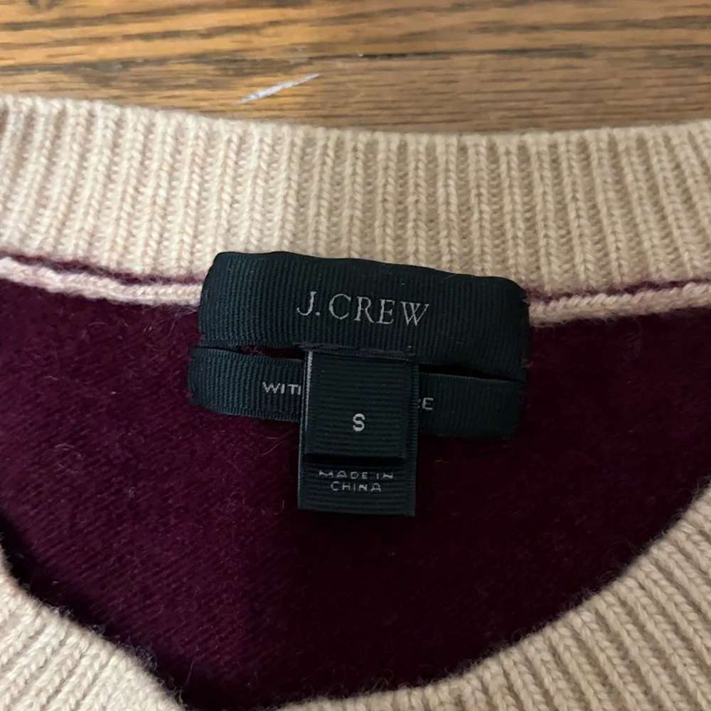 J. Crew Tan and Burgundy Elbow Patch Cashmere Wool Sweater Size S